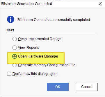 Vivado Bitstream Generation Completed 창에서 Open Hardware Manager를 선택한 화면
