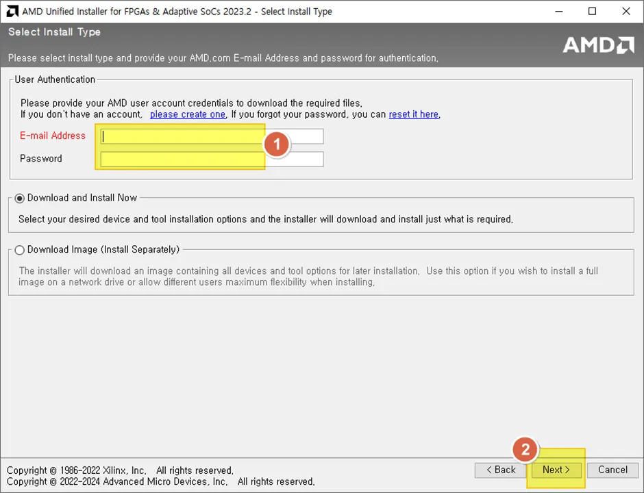 Vivado Web Installer에서 AMD 계정과 Download and Install Now를 선택하는 화면