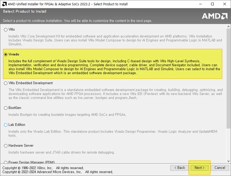 AMD Unified Installer의 Select Product to Install에서 Vivado를 선택한 화면
