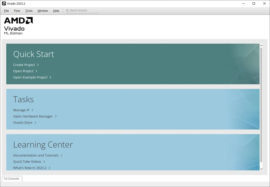 Windows에서 실행한 Vivado 2023.2 Quick Start 화면