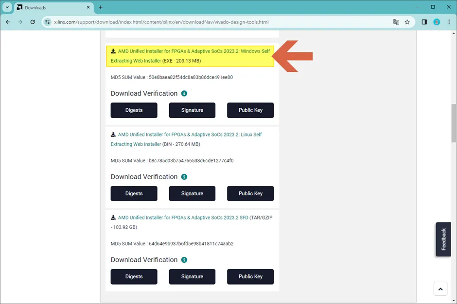 AMD 다운로드 페이지에서 Vivado 2023.2 Windows Unified Installer를 선택한 화면