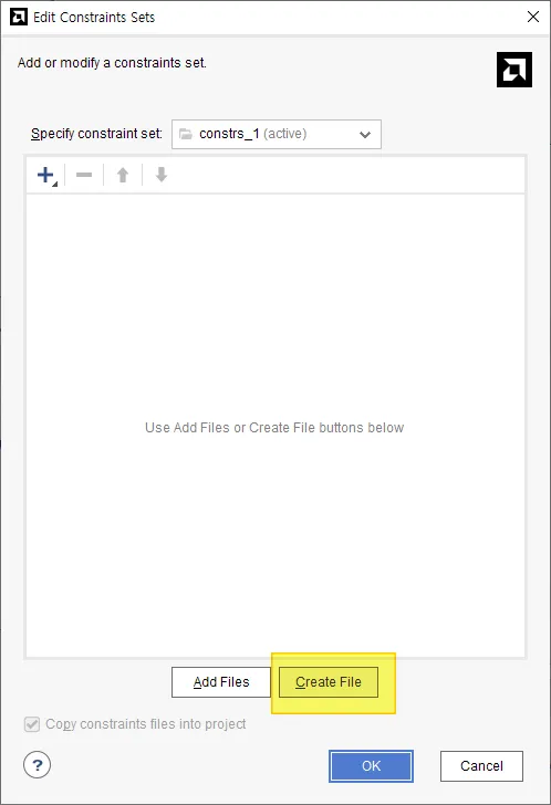 Vivado Edit Constraints Sets 창의 Create File 버튼