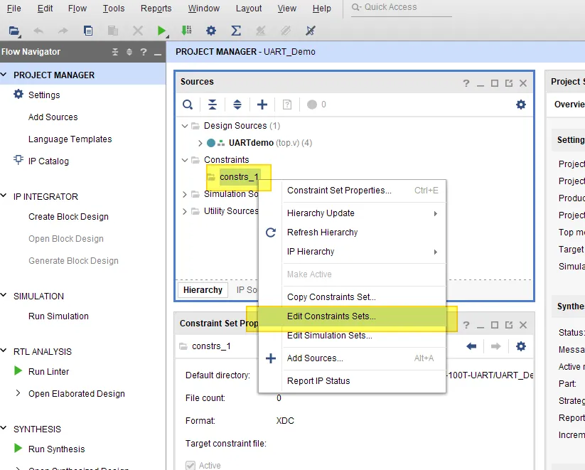 Vivado Sources 창에서 Edit Constraints Sets 메뉴를 선택한 화면