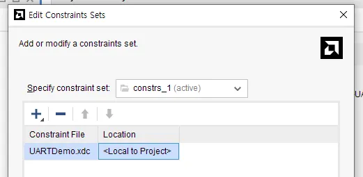 Vivado constraint set에 UARTDemo.xdc가 추가된 화면