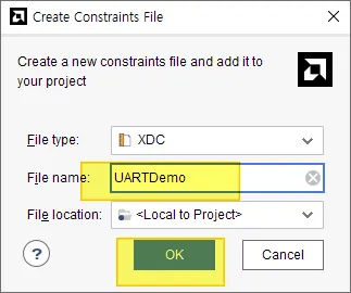 Vivado Create Constraints File 창에서 XDC 파일 이름을 입력한 화면