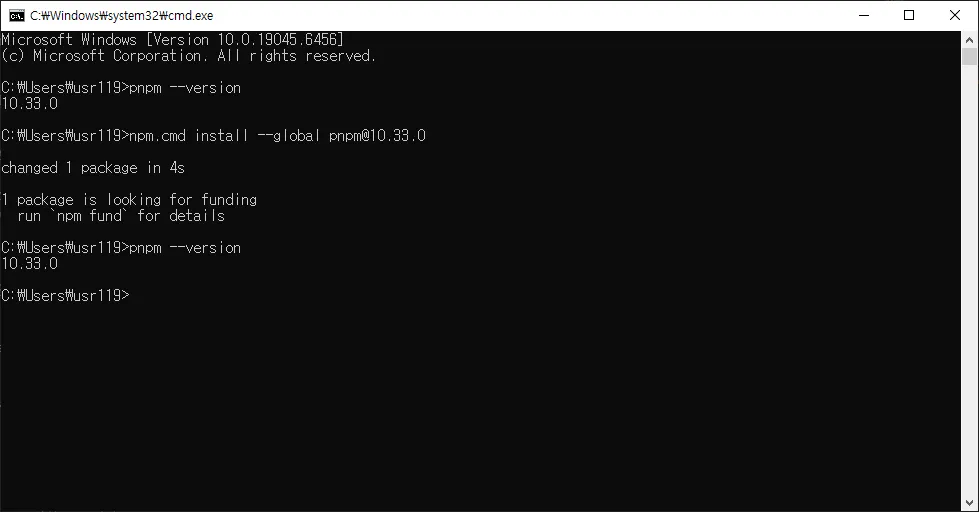 Windows 명령 프롬프트에서 pnpm 10.33.0을 설치하고 버전을 확인한 화면